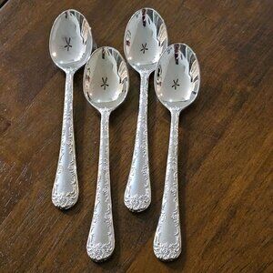 4 Williams Rogers Enchanted Rose Soup Spoon 7" floral embossed maximalism 1995
